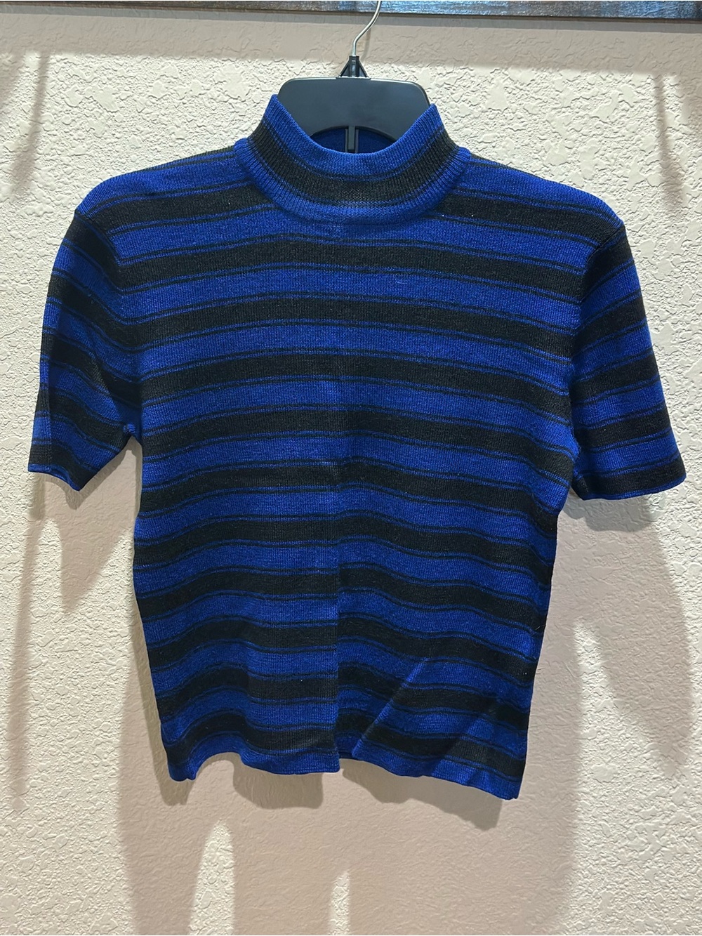 Kasper Blue and Black Striped Short-Sleeve Mock Neck Top